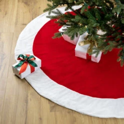 60" Red And White Solid Round Christmas Tree Skirt