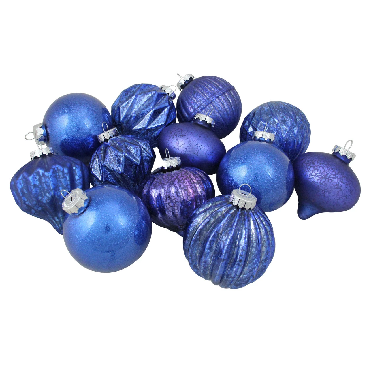 12ct Royal Blue Multi Finish With Various Shaped Christmas Ornaments 3.75" 3 12ct Royal Blue Multi Finish With Various Shaped Christmas Ornaments 3.75"