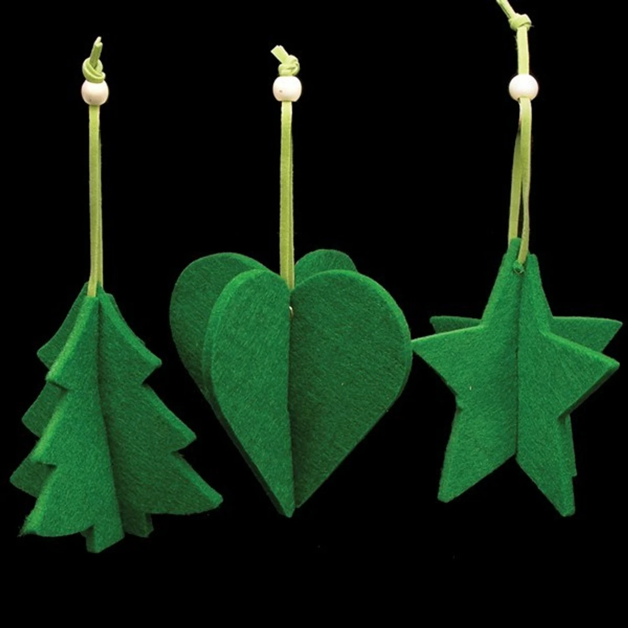 Club Pack Of 15 Forest Green Tree, Heart And Star 3D Felt Ornaments 3 Club Pack Of 15 Forest Green Tree, Heart And Star 3D Felt Ornaments