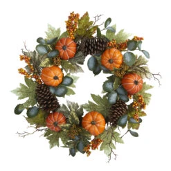 Pumpkins Pine Cones And Berries Fall Artificial Wreath, Green And Orange - 24-Inch