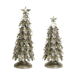 Set Of 2 Distressed Finish Holly Leaf Artificial Christmas Tabletop Trees 3'