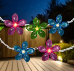 Set Of 10 Pink, Blue And Green Flower Patio And Garden Novelty Lights 2.5