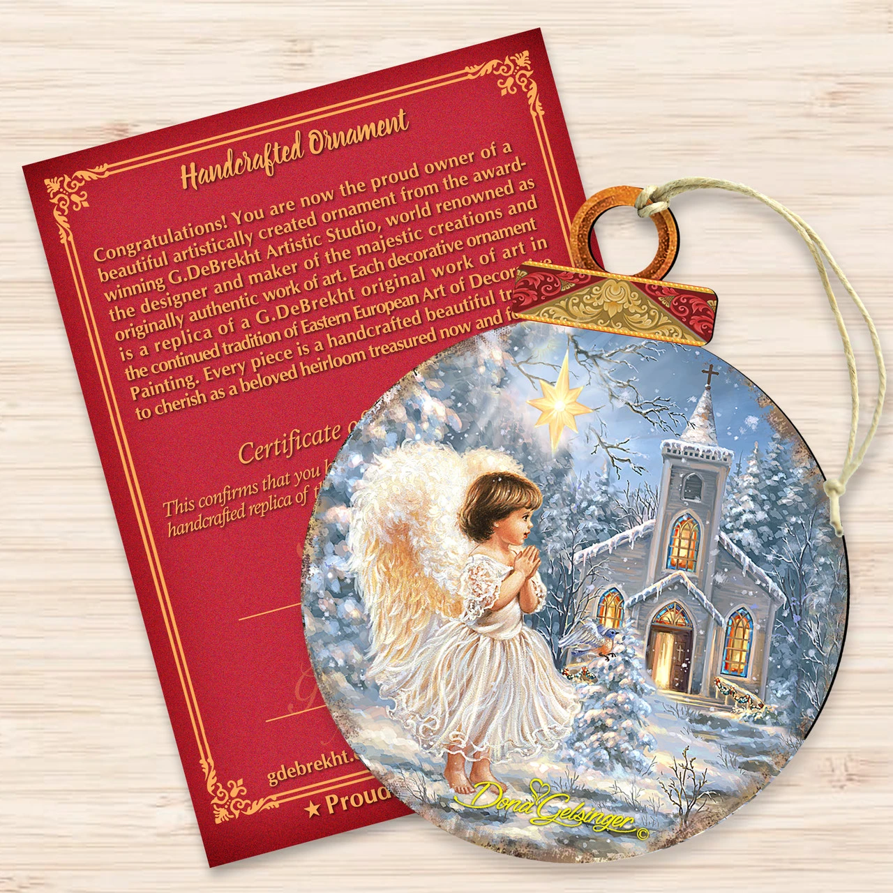 Set Of 2 Angel At The Chapel Round Wooden Christmas Ornaments 5.5" 5 Set Of 2 Angel At The Chapel Round Wooden Christmas Ornaments 5.5" - Image 3