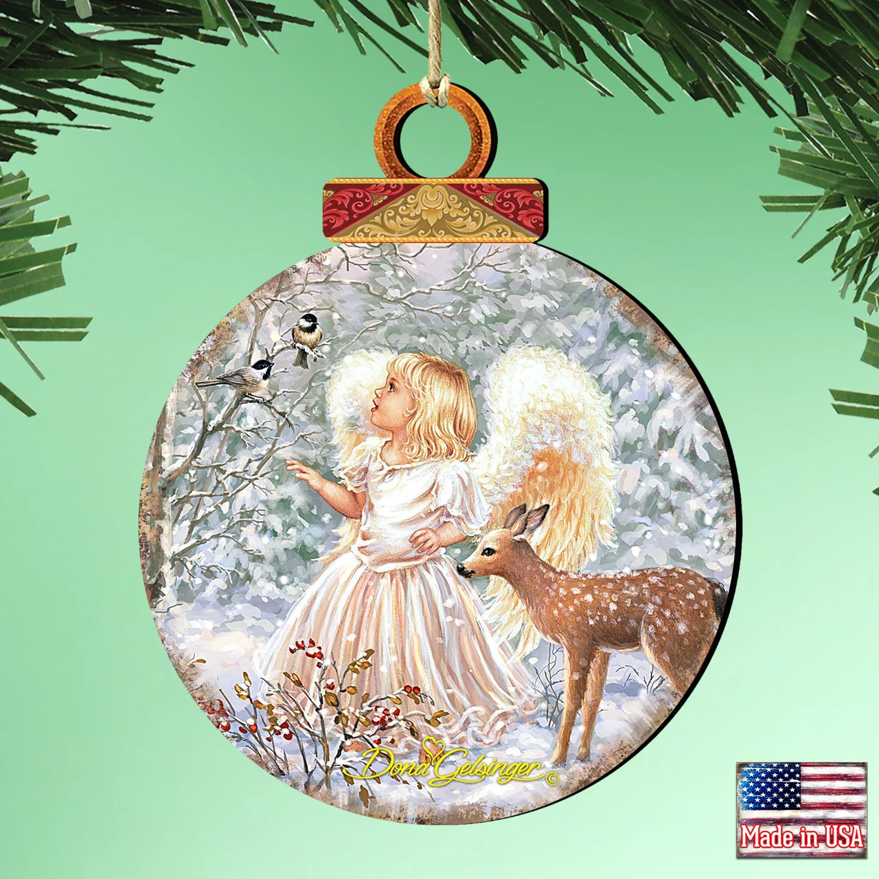 Set Of 2 Angel With Friends In The Woodland Round Wooden Christmas Ornaments 5.5" 4 Set Of 2 Angel With Friends In The Woodland Round Wooden Christmas Ornaments 5.5" - Image 2