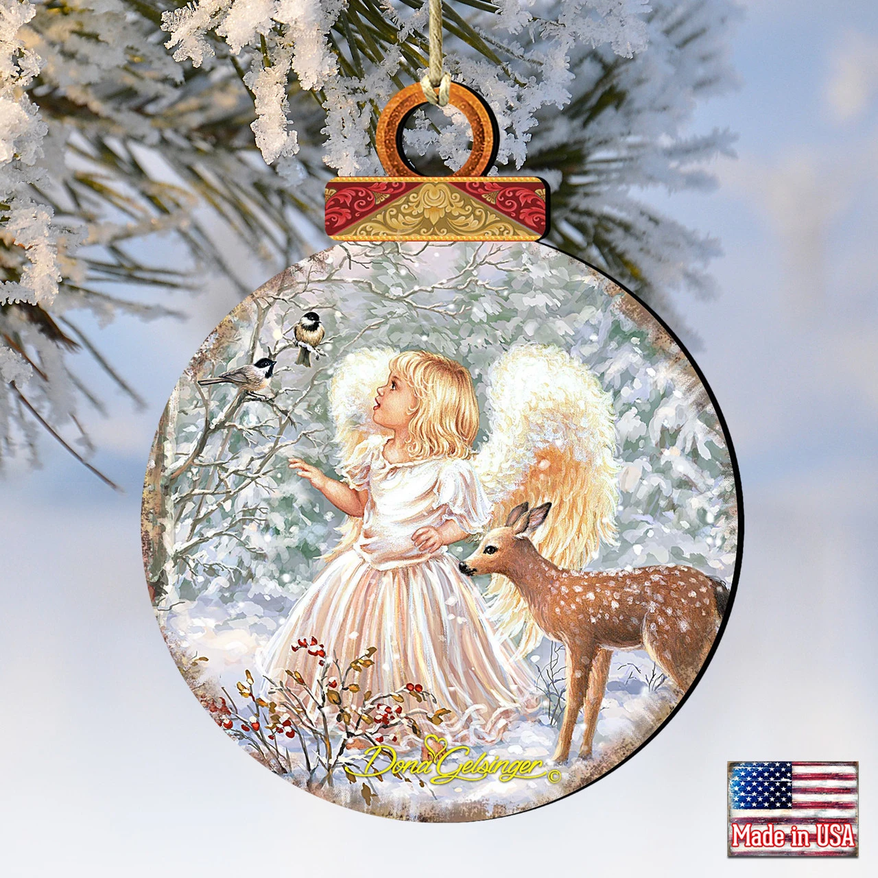 Set Of 2 Angel With Friends In The Woodland Round Wooden Christmas Ornaments 5.5" 6 Set Of 2 Angel With Friends In The Woodland Round Wooden Christmas Ornaments 5.5" - Image 4