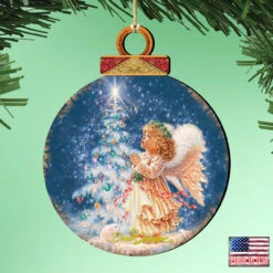 Set Of 2 Angel Wish Round Wooden Christmas Ornaments 5.5" -Optimal Christmas Shop 8021152 0703 2 95797.1667548811