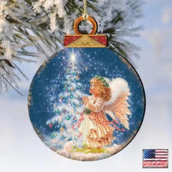 Set Of 2 Angel Wish Round Wooden Christmas Ornaments 5.5" -Optimal Christmas Shop 8021152 0703 4 40219.1667548812