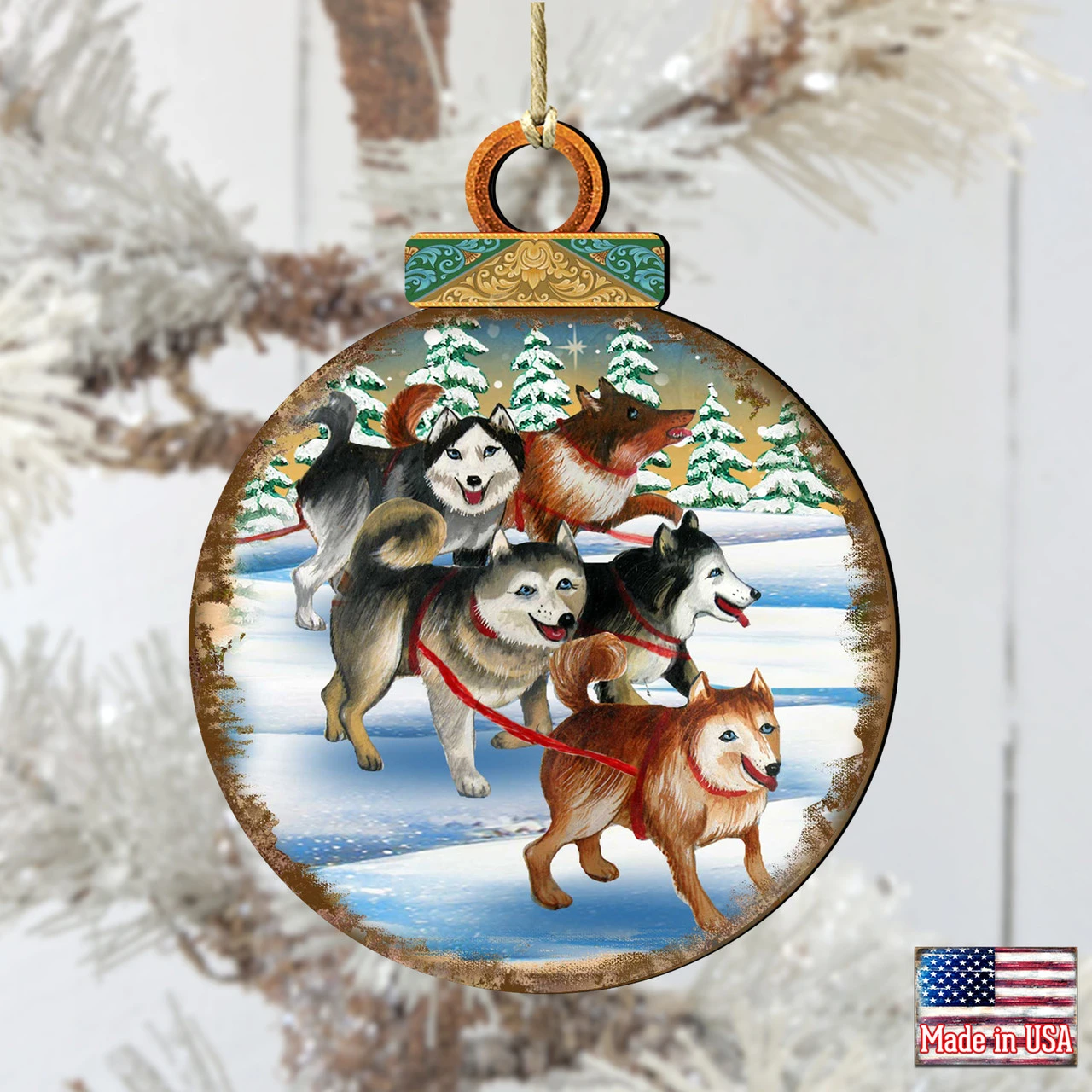 Set Of 2 Adorable Huskies Wooden Christmas Ornaments 5.5" 4 Set Of 2 Adorable Huskies Wooden Christmas Ornaments 5.5" - Image 2
