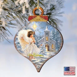 Set Of 2 Angel At The Chapel Onion Shaped Wooden Christmas Ornaments 5.5" -Optimal Christmas Shop 8031121 1606 4 58590.1667548769