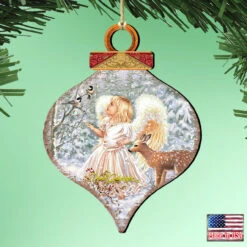 Set Of 2 Angel With Friends In The Woodland Onion Shaped Wooden Christmas Ornaments 5.5" -Optimal Christmas Shop 8031122 1703 2 88054.1667548771
