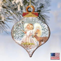 Set Of 2 Angel With Friends In The Woodland Onion Shaped Wooden Christmas Ornaments 5.5" -Optimal Christmas Shop 8031122 1703 4 97801.1667548772
