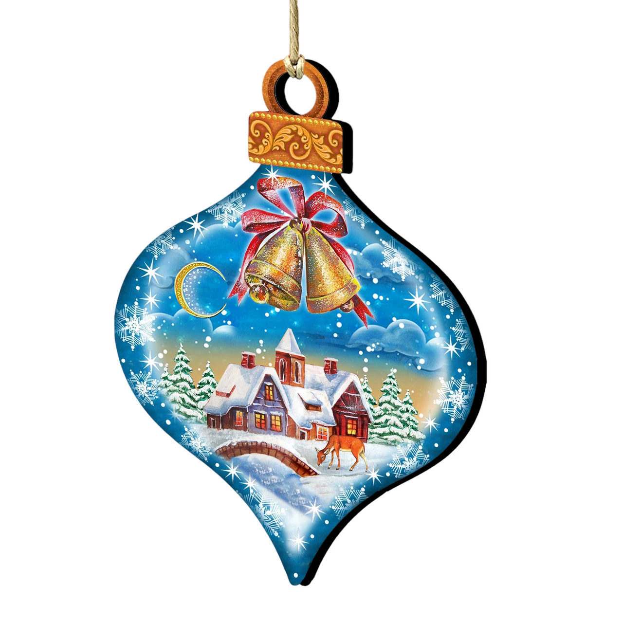 Set Of 2 Winter House Onion Shaped Wooden Christmas Ornaments 5.5" 3 Set Of 2 Winter House Onion Shaped Wooden Christmas Ornaments 5.5"