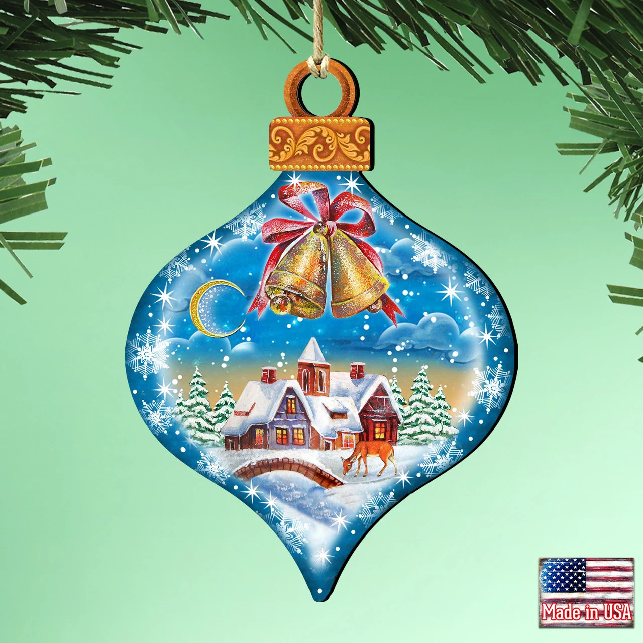 Set Of 2 Winter House Onion Shaped Wooden Christmas Ornaments 5.5" 4 Set Of 2 Winter House Onion Shaped Wooden Christmas Ornaments 5.5" - Image 2