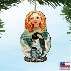 Set Of 2 Matreshka Doll With A Penguin Wooden Christmas Ornaments 5.5" -Optimal Christmas Shop 8113811 4 76868.1667549762