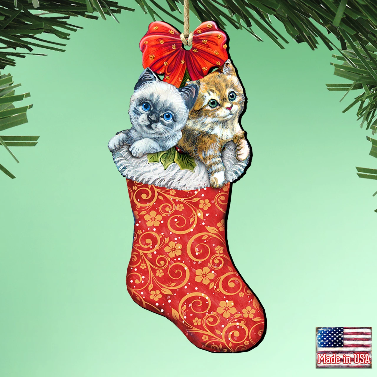 Set Of 2 Kitty Cats Christmas Stocking Wood Ornaments 5.5" 4 Set Of 2 Kitty Cats Christmas Stocking Wood Ornaments 5.5" - Image 2