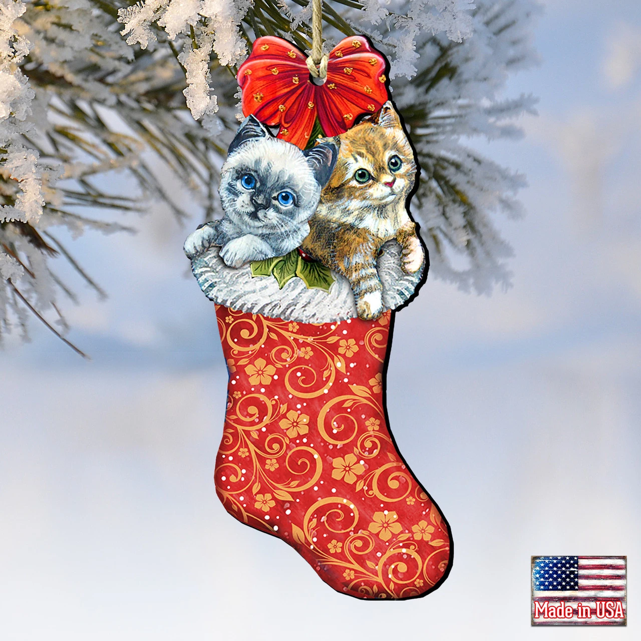 Set Of 2 Kitty Cats Christmas Stocking Wood Ornaments 5.5" 6 Set Of 2 Kitty Cats Christmas Stocking Wood Ornaments 5.5" - Image 4