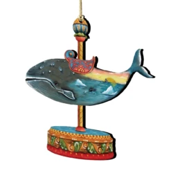 Set Of 2 Whale Carousel Wooden Christmas Ornaments 5.5"