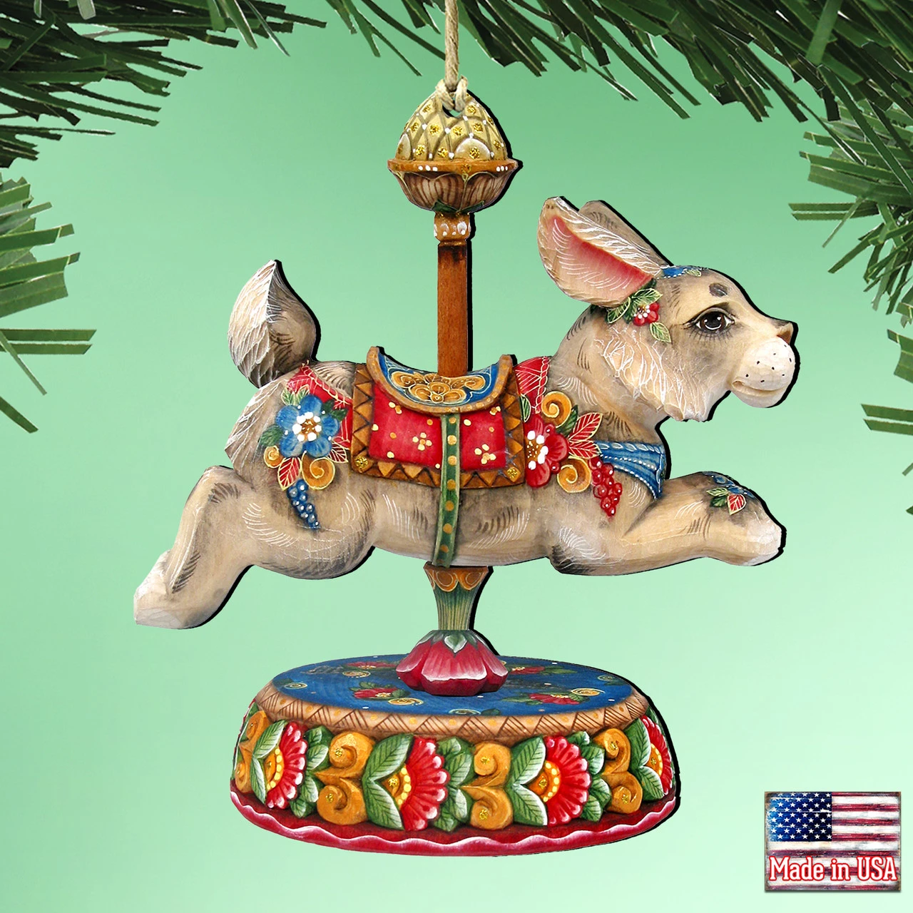 Set Of 2 Bunny Carousel Wooden Easter And Christmas Ornaments 5.5" 4 Set Of 2 Bunny Carousel Wooden Easter And Christmas Ornaments 5.5" - Image 2