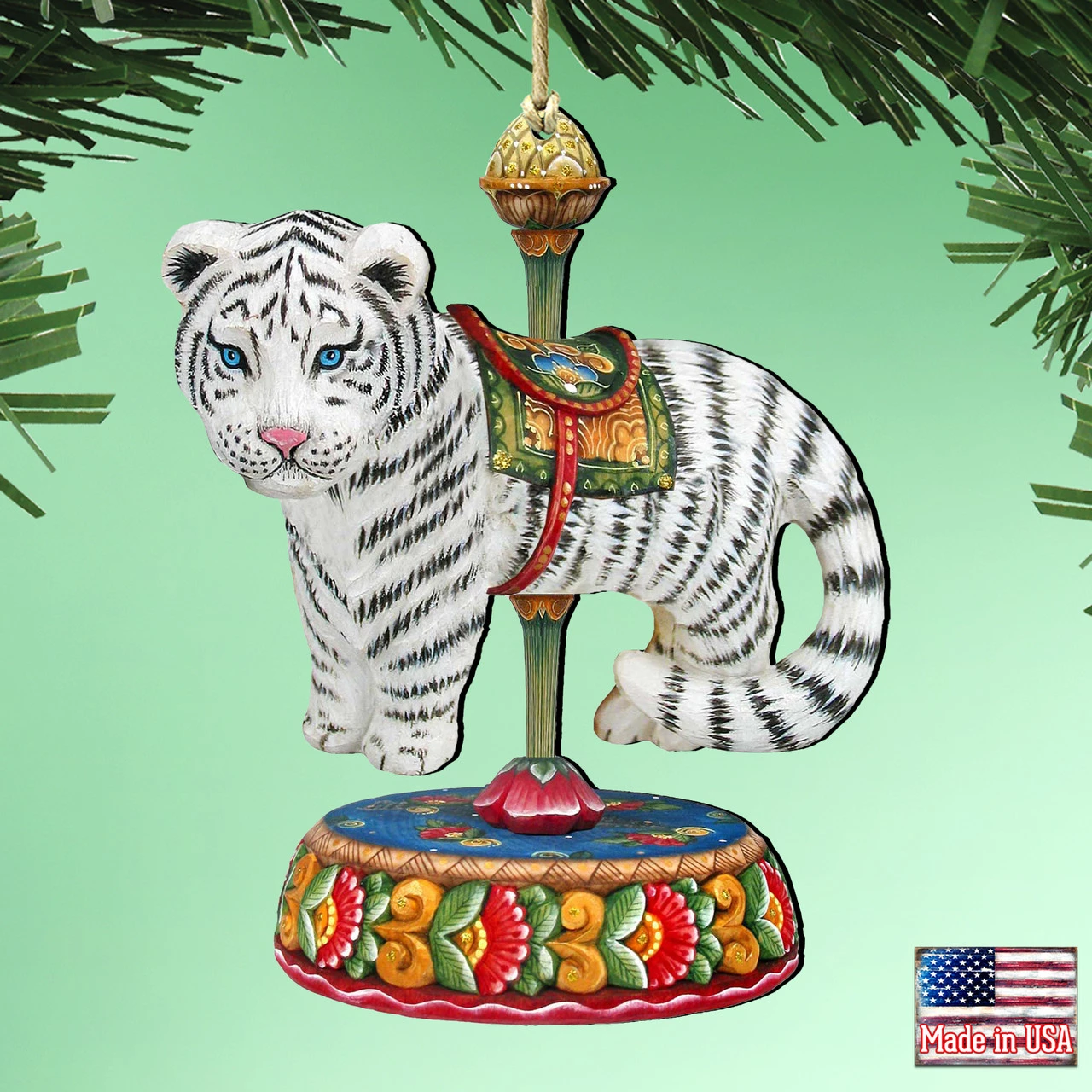 Set Of 2 Tiger Carousel Wooden Christmas Ornaments 5.5" 4 Set Of 2 Tiger Carousel Wooden Christmas Ornaments 5.5" - Image 2