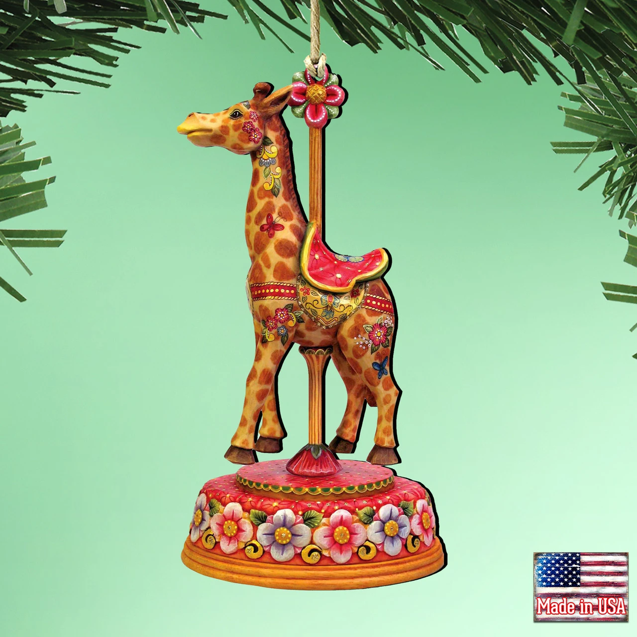 Set Of 2 Floral Giraffe Carousel Wooden Christmas Ornaments 5.5" 4 Set Of 2 Floral Giraffe Carousel Wooden Christmas Ornaments 5.5" - Image 2