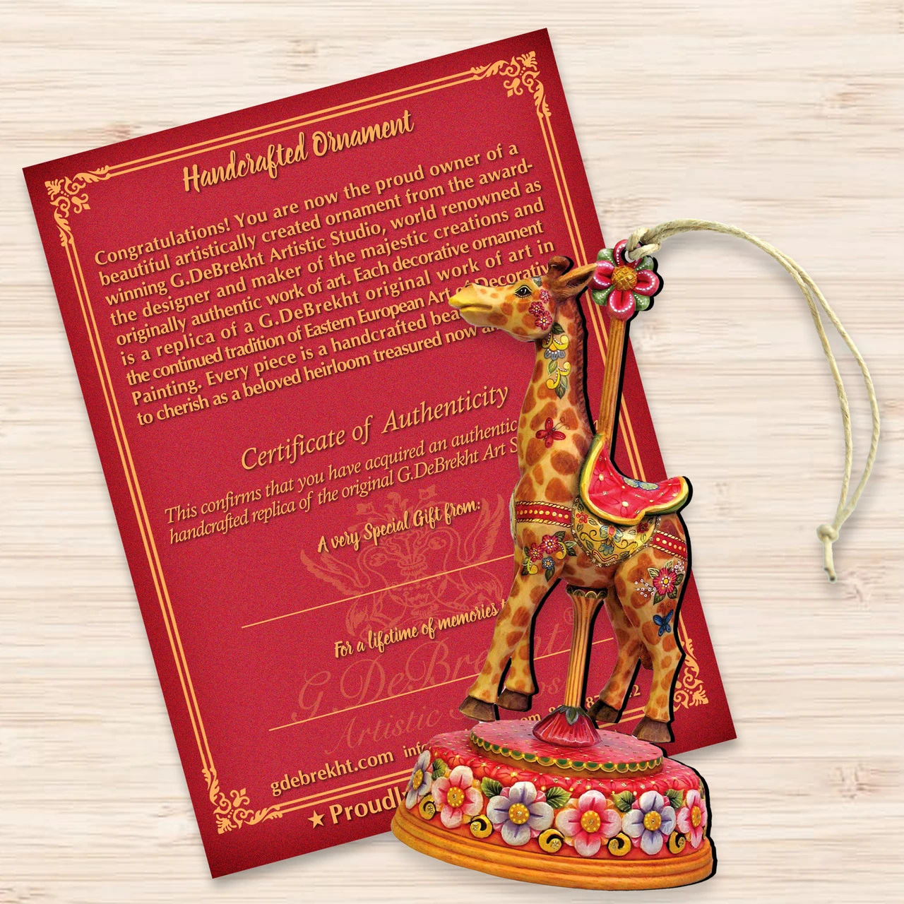 Set Of 2 Floral Giraffe Carousel Wooden Christmas Ornaments 5.5" 5 Set Of 2 Floral Giraffe Carousel Wooden Christmas Ornaments 5.5" - Image 3