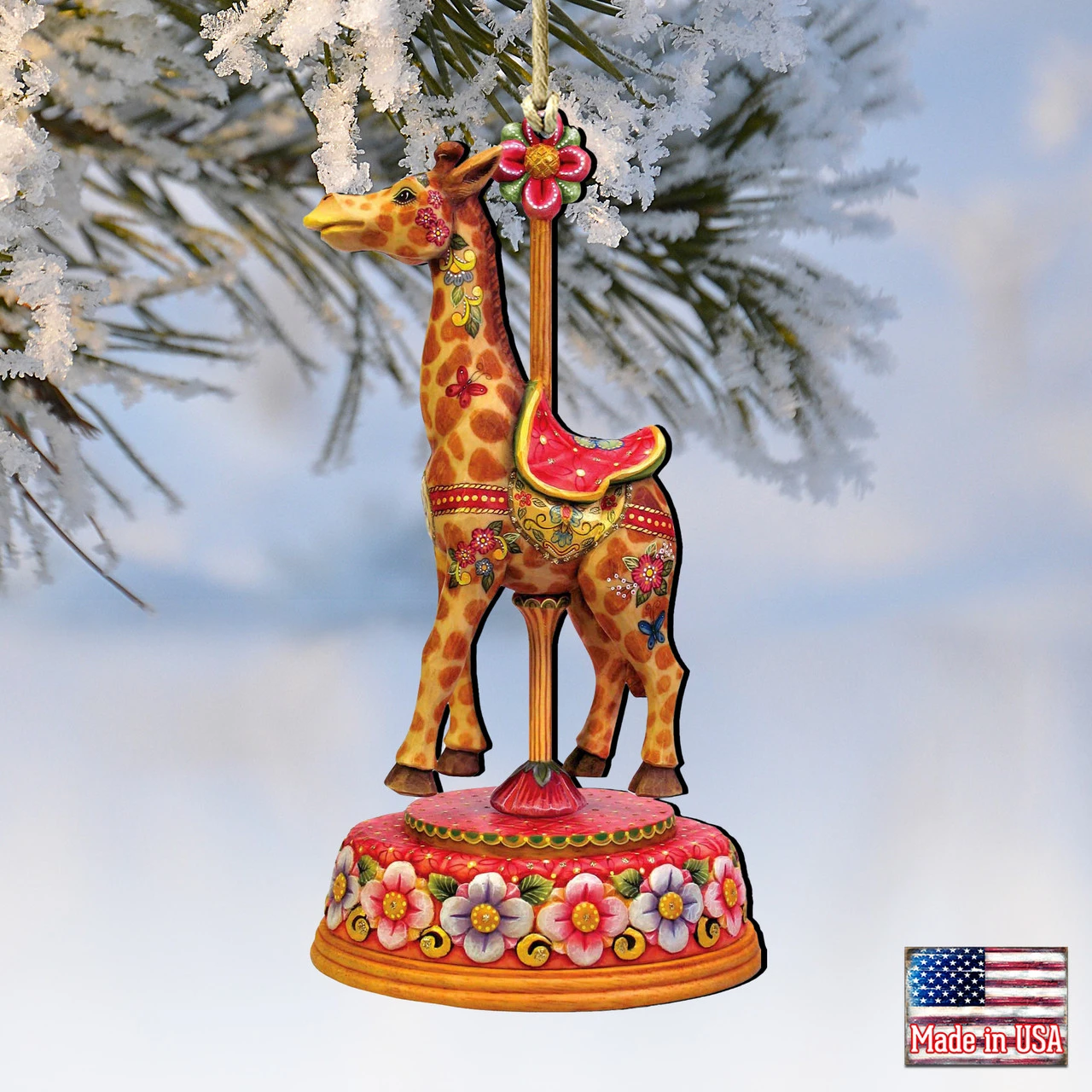 Set Of 2 Floral Giraffe Carousel Wooden Christmas Ornaments 5.5" 6 Set Of 2 Floral Giraffe Carousel Wooden Christmas Ornaments 5.5" - Image 4