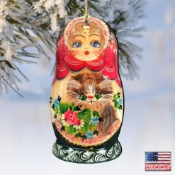 Set Of 2 Matreshka Doll With Cute Cat Wooden Christmas Ornaments 5.5" -Optimal Christmas Shop 8115059 4 67436.1667549818