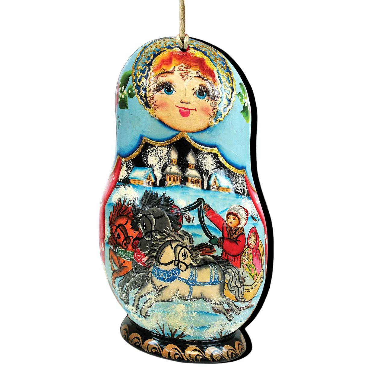 Set Of 2 Matreshka Doll Riding A Troika Horse Wooden Christmas Ornaments 5.5" 3 Set Of 2 Matreshka Doll Riding A Troika Horse Wooden Christmas Ornaments 5.5"