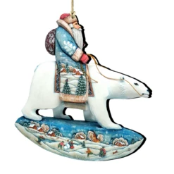 Set Of 2 Santa Riding Polar Bear Wooden Christmas Ornaments 5.5"