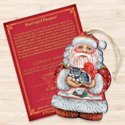 Set Of 2 Santa Claus With Sweet Cats Wooden Christmas Ornaments 5.5" -Optimal Christmas Shop 8117808 3 14161.1667549870