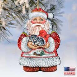 Set Of 2 Santa Claus With Sweet Cats Wooden Christmas Ornaments 5.5" -Optimal Christmas Shop 8117808 4 50647.1667549870