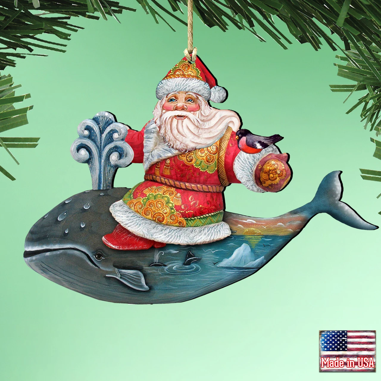 Set Of 2 Santa Ride Whale Coastal Wooden Christmas Ornaments 5.5" 4 Set Of 2 Santa Ride Whale Coastal Wooden Christmas Ornaments 5.5" - Image 2