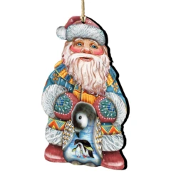 Set Of 2 Santa Claus Penguin Wooden Christmas Ornaments 5.5"