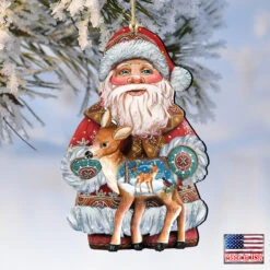Set Of 2 Santa Claus Fawn Wooden Christmas Ornaments 5.5" -Optimal Christmas Shop 8118081 4 36993.1667549885