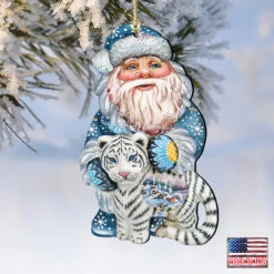 Set Of 2 Winter Santa White Tiger Wooden Christmas Ornaments 5.5" -Optimal Christmas Shop 8118091 4 71475.1667549893