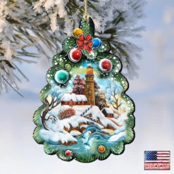 Set Of 2 Lighthouse Christmas Tree Wooden Ornaments 5.5" -Optimal Christmas Shop 8119185 4 06775.1667549910
