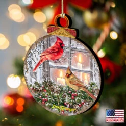 Set Of 2 Winter House With Cardinals Round Wooden Christmas Ornaments 5.5" -Optimal Christmas Shop 8121126dg 2 04579.1667549913