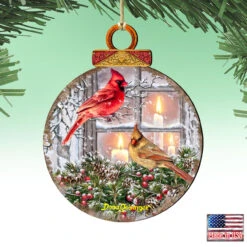Set Of 2 Winter House With Cardinals Round Wooden Christmas Ornaments 5.5" -Optimal Christmas Shop 8121126dg 4 35105.1667549914