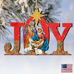 Set Of 2 Magnificent Nativity "Joy" Wooden Christmas Ornaments 5.5" -Optimal Christmas Shop 8121456 4 74291.1667549917