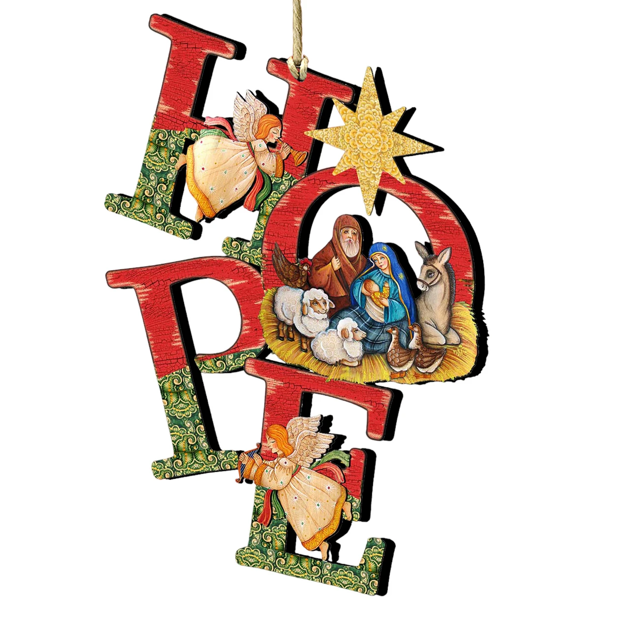 Set Of 2 Magnificent Nativity "Hope" Wooden Christmas Ornaments 5.5" 3 Set Of 2 Magnificent Nativity "Hope" Wooden Christmas Ornaments 5.5"