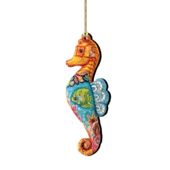 Set Of 2 Coastal Seahorse Wooden Christmas Ornaments 5.5"