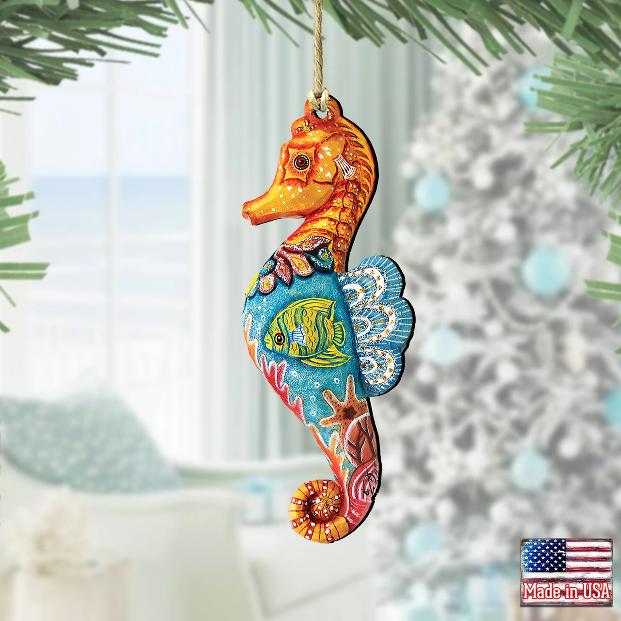 Set Of 2 Coastal Seahorse Wooden Christmas Ornaments 5.5" 4 Set Of 2 Coastal Seahorse Wooden Christmas Ornaments 5.5" - Image 2