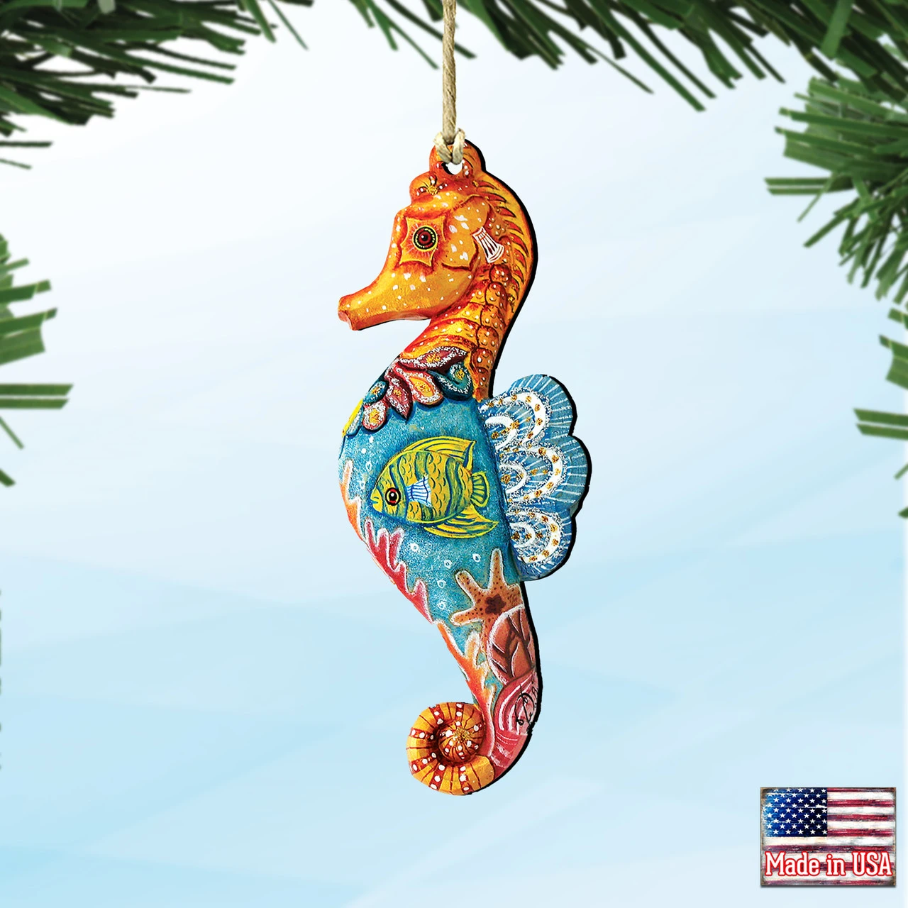 Set Of 2 Coastal Seahorse Wooden Christmas Ornaments 5.5" 6 Set Of 2 Coastal Seahorse Wooden Christmas Ornaments 5.5" - Image 4
