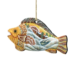 Set Of 2 Coastal Natural Fish Wooden Christmas Ornaments 5.5"