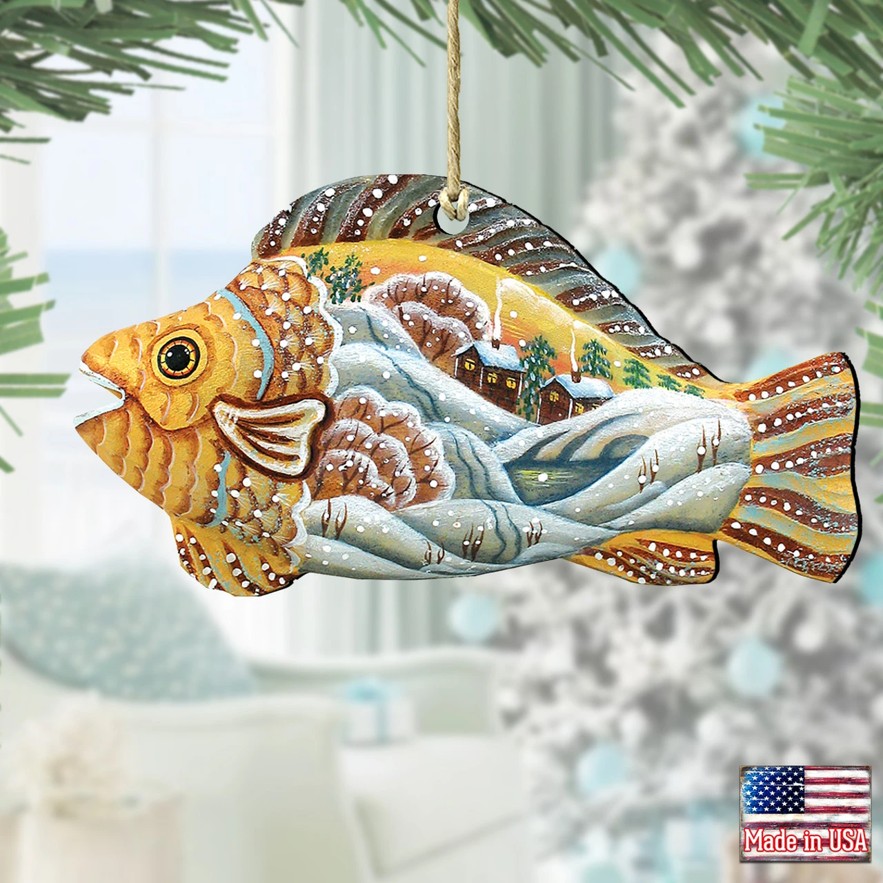 Set Of 2 Coastal Natural Fish Wooden Christmas Ornaments 5.5" 4 Set Of 2 Coastal Natural Fish Wooden Christmas Ornaments 5.5" - Image 2