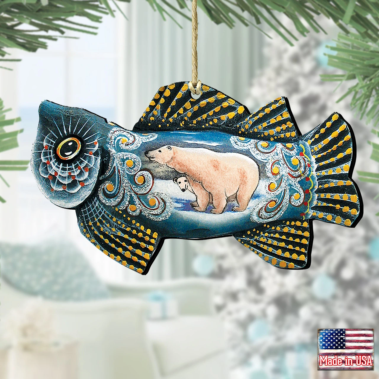Set Of 2 Frosty Fish With Polar Bears Wooden Christmas Ornaments 5.5" 4 Set Of 2 Frosty Fish With Polar Bears Wooden Christmas Ornaments 5.5" - Image 2