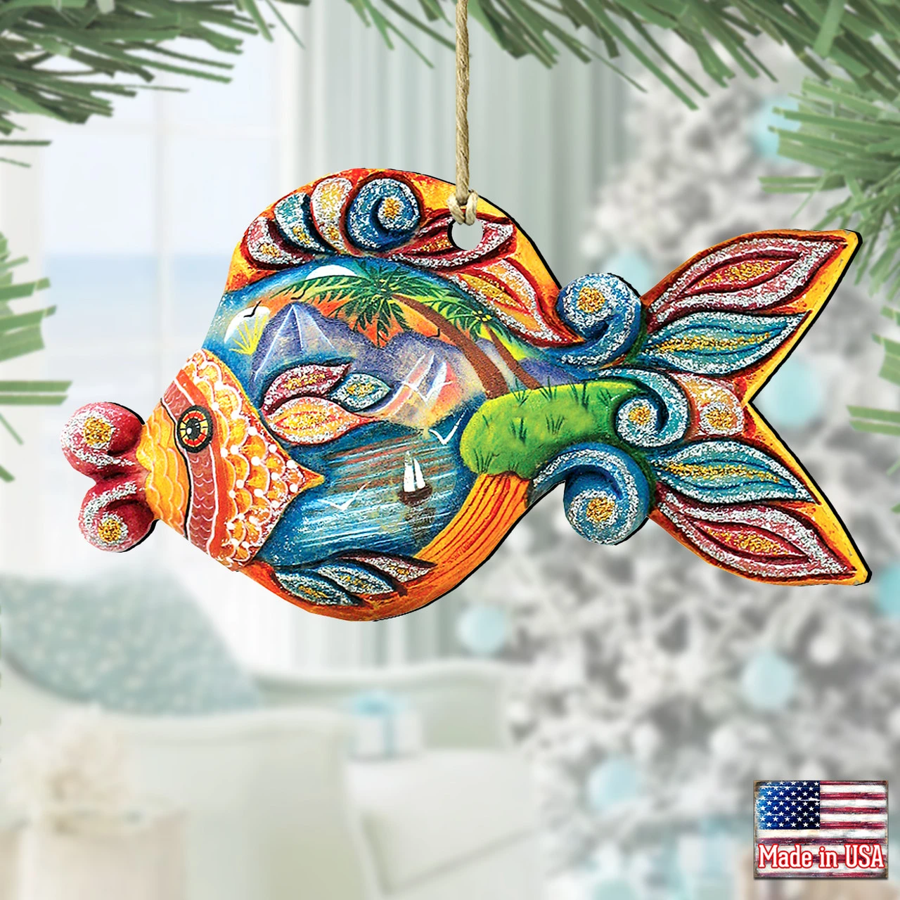 Set Of 2 Coastal Paradise Fish Wooden Christmas Ornaments 5.5" 4 Set Of 2 Coastal Paradise Fish Wooden Christmas Ornaments 5.5" - Image 2