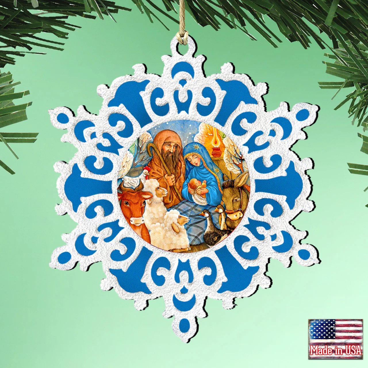 Set Of 2 Snowflake Nativity Scene Wooden Christmas Ornaments 5.5" 4 Set Of 2 Snowflake Nativity Scene Wooden Christmas Ornaments 5.5" - Image 2