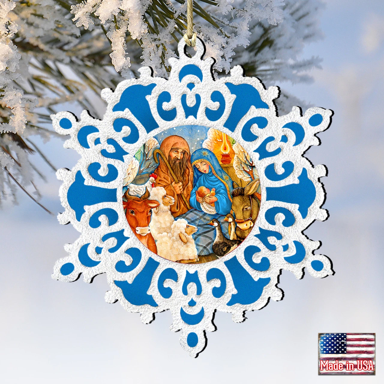 Set Of 2 Snowflake Nativity Scene Wooden Christmas Ornaments 5.5" 6 Set Of 2 Snowflake Nativity Scene Wooden Christmas Ornaments 5.5" - Image 4