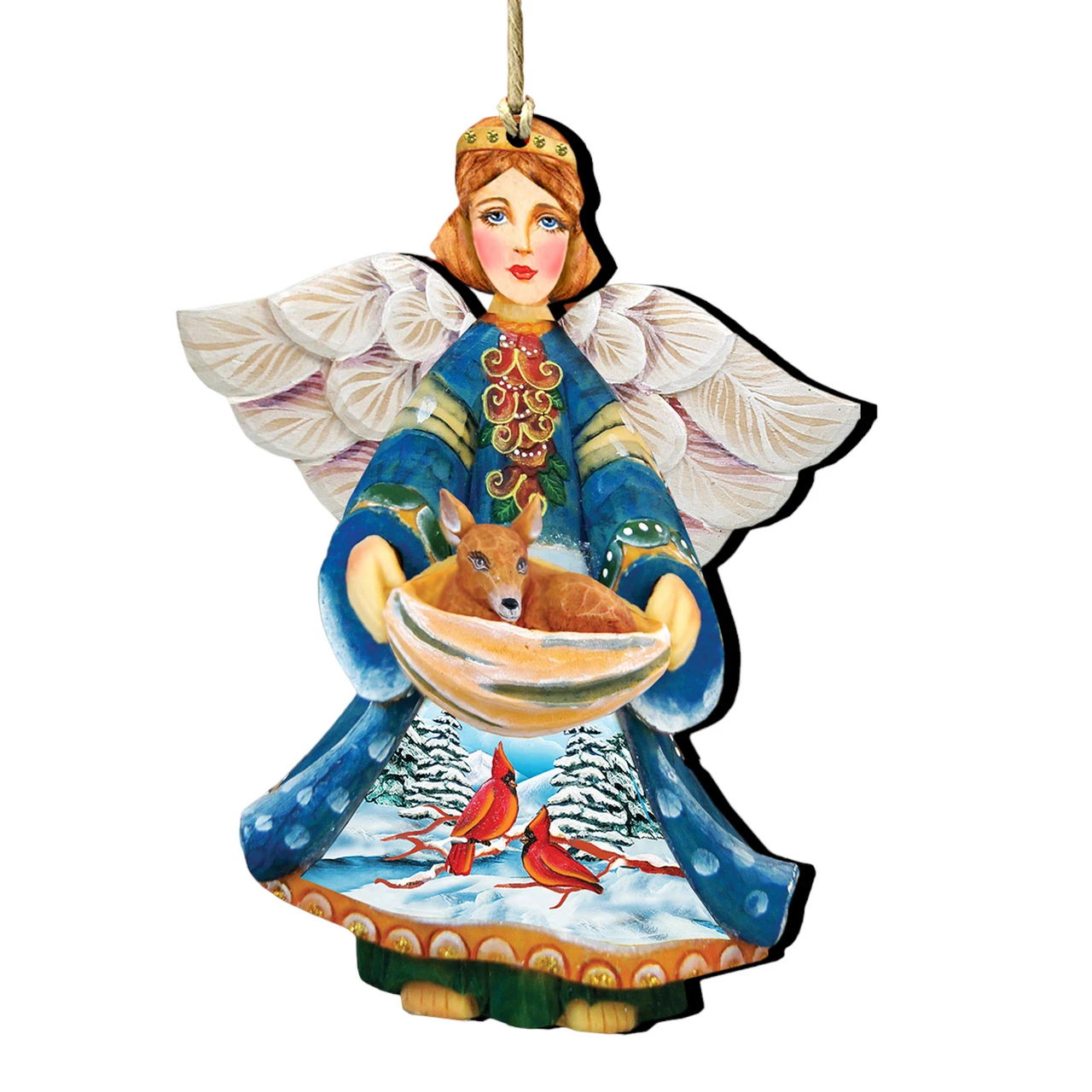 Set Of 2 Angel With Cardinals And Deer Wooden Christmas Ornaments 5.5" 3 Set Of 2 Angel With Cardinals And Deer Wooden Christmas Ornaments 5.5"